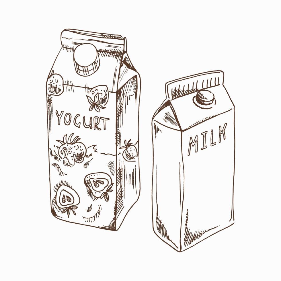 A hand-drawn sketch of a pack yogurt and milk  packaging. Yogurt with strawberries. Drawing isolated on white background. Vintage element for labels, packaging and cards design. vector
