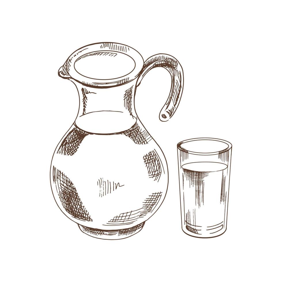 una ilustración de boceto dibujada a mano de una jarra de jugo, agua o leche y un vaso. un dibujo resaltado sobre un fondo blanco. elemento vintage para el diseño de etiquetas, embalajes y postales. vector