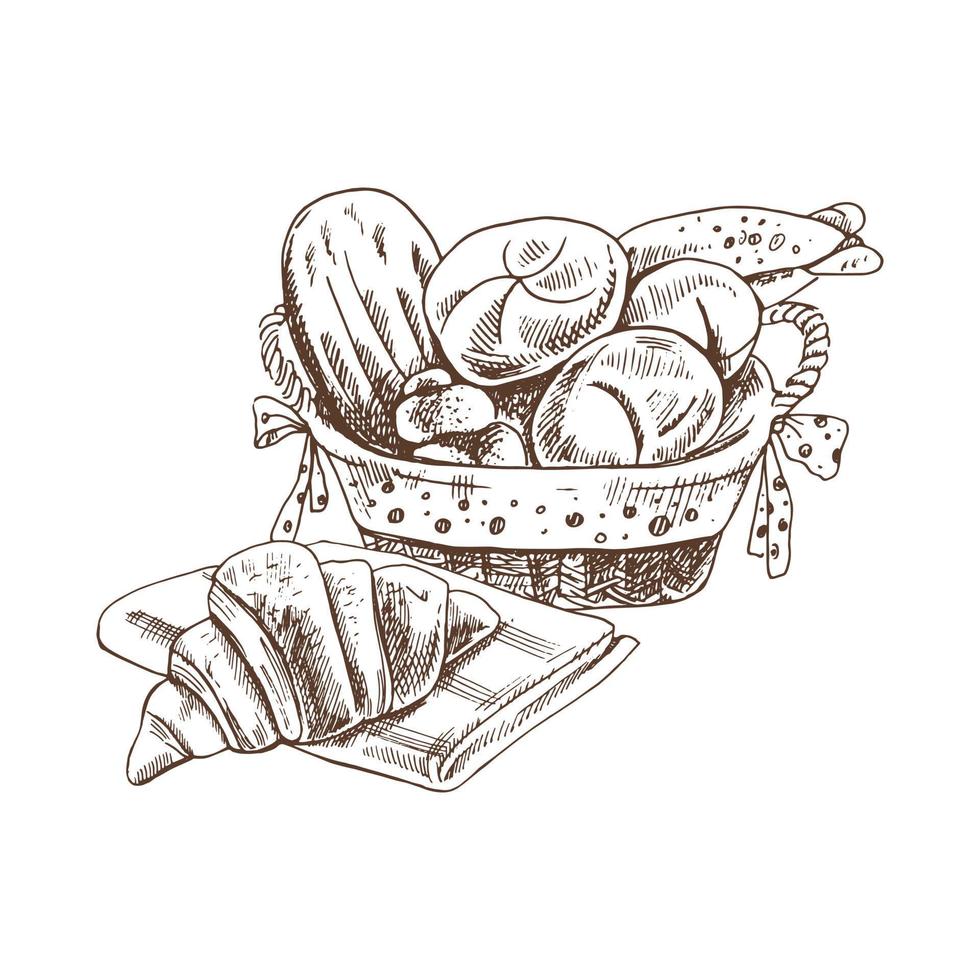 Dibujo a mano vectorial ilustración de cesta de mimbre con pan y croissant. dibujo aislado sobre fondo blanco. icono de esbozo y elemento de panadería. vector