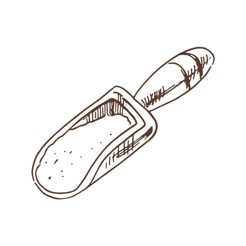 A hand-drawn sketch of Wooden scoop with flour. Vintage illustration. Vector hatching monochrome drawing. Element for the design of labels, packaging and postcards.