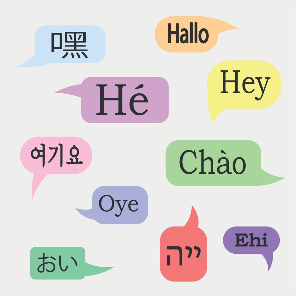 set of colored pastel clouds, word hello in different languages vector