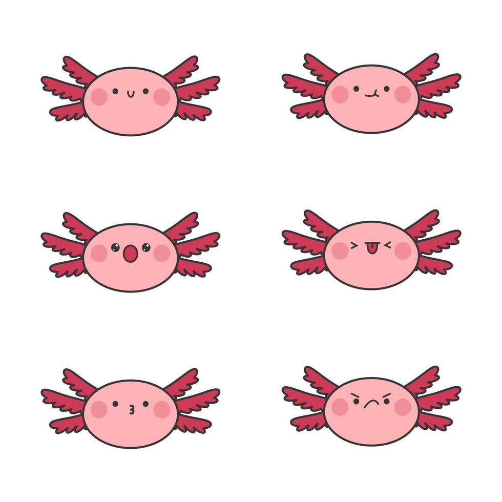 A set of kawaii axolotl stickers. Cute axolotl with different characters on a white background. vector