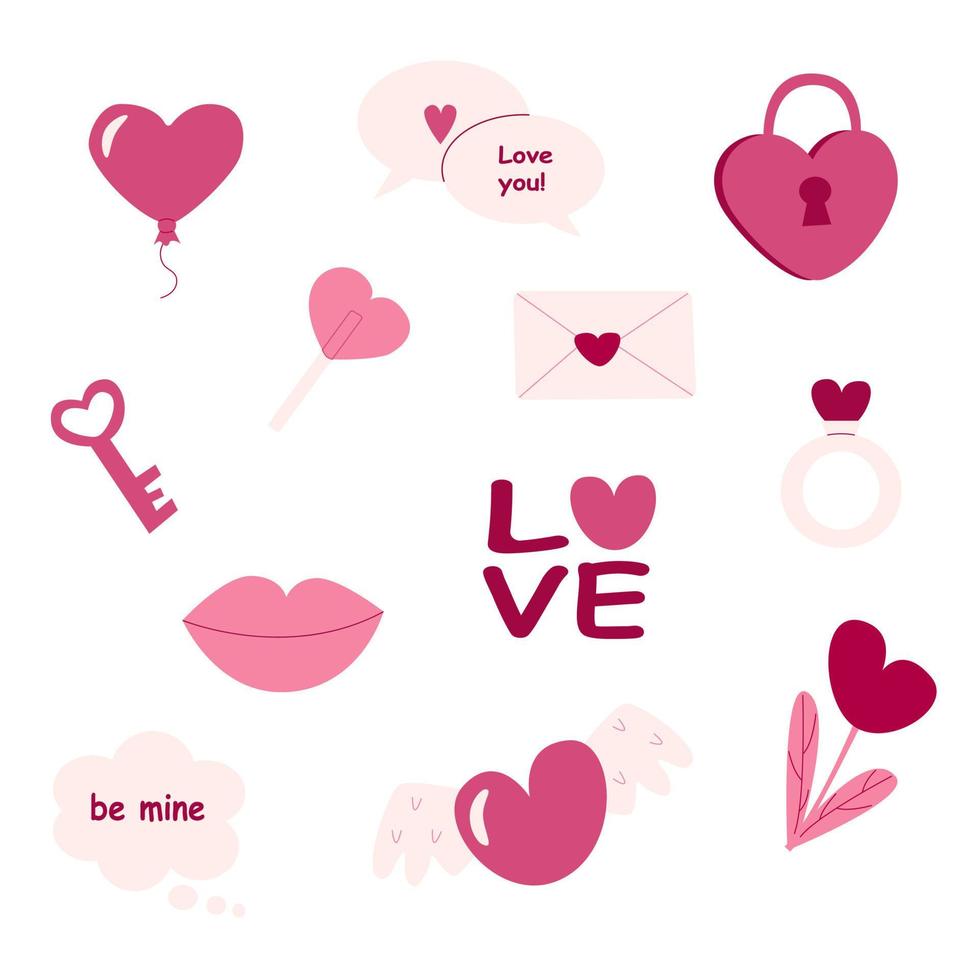 Valentine's day set of cute hand drawn illustrations on a white background. Pink heart, lips, love. vector