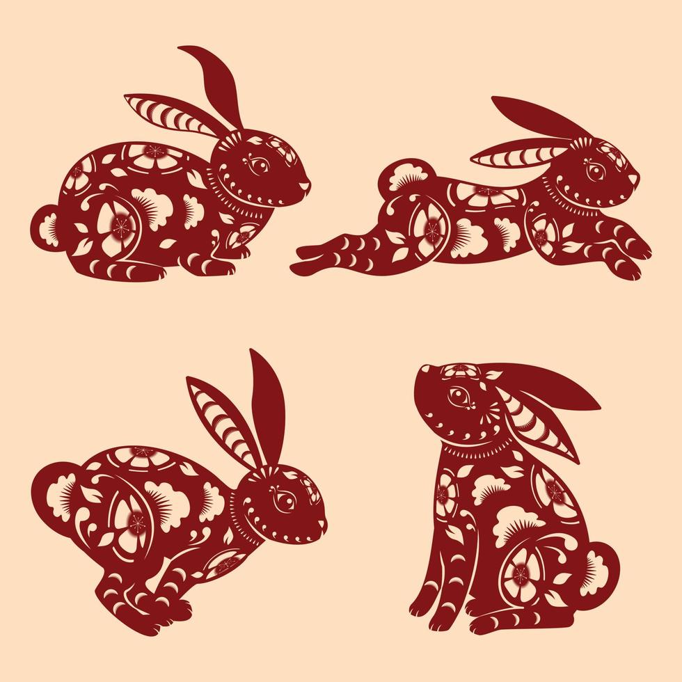 Vector chinese new year 2023, set of lunar year red rabbit zodiac with chinese flower pattern.