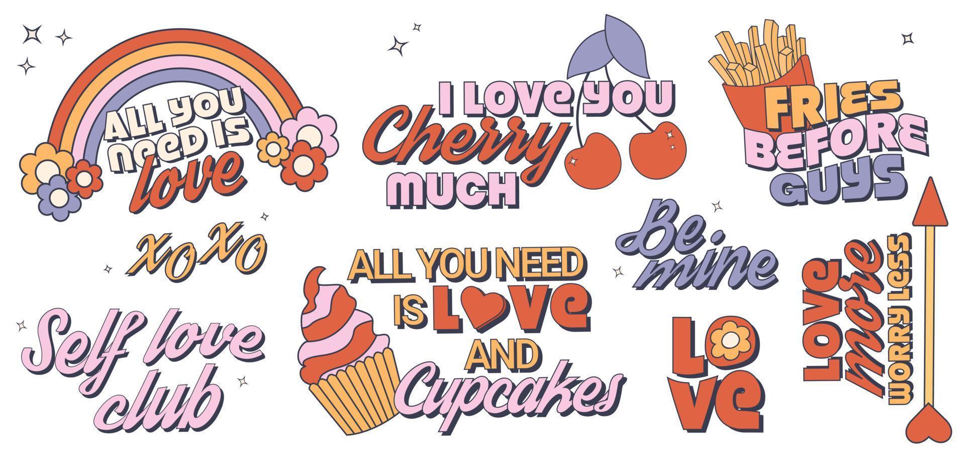 Trendy groovy valentines day sticker set. Retro valentine's day sayings. 70s 60s aesthetics. vector