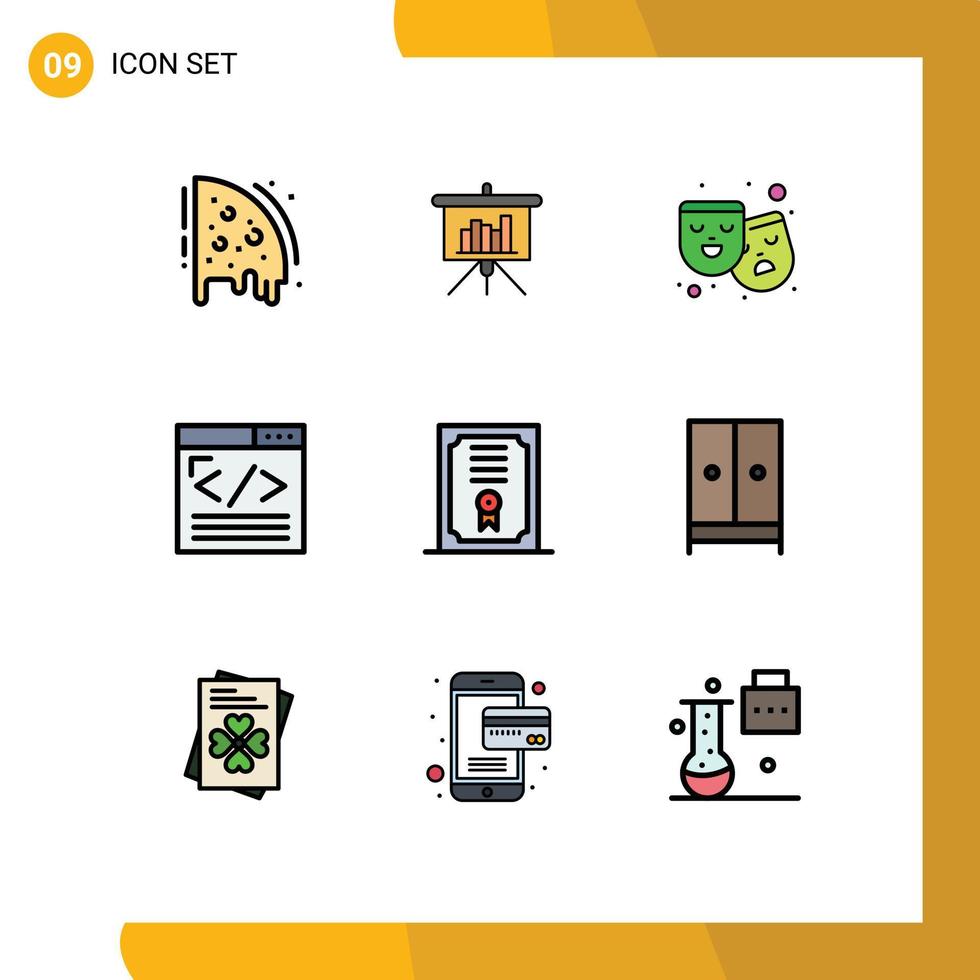 9 Filledline Flat Color concept for Websites Mobile and Apps certificate web design mask web content browser Editable Vector Design Elements