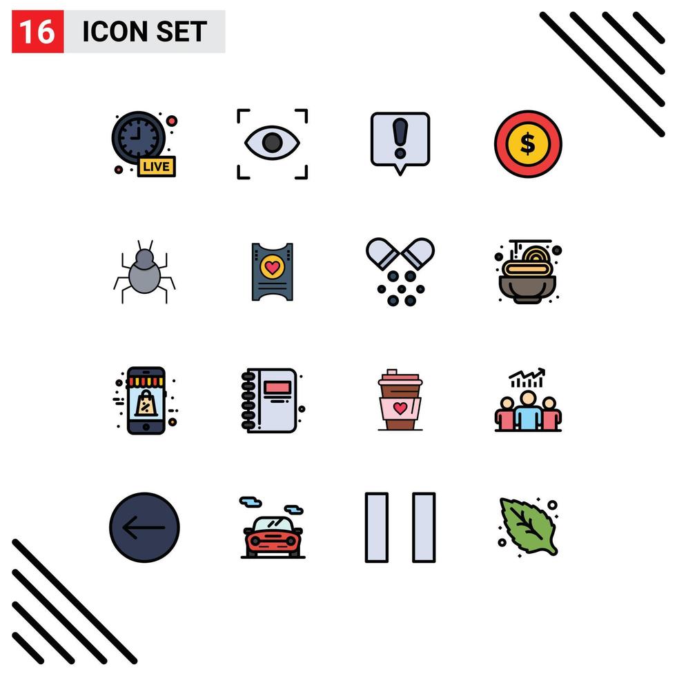 Modern Set of 16 Flat Color Filled Lines and symbols such as ticket virus error message nature global Editable Creative Vector Design Elements