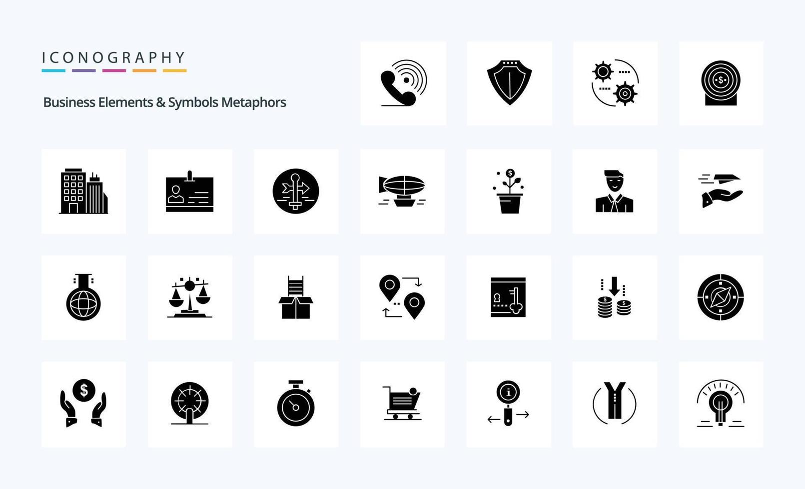 25 Business Elements And Symbols Metaphors Solid Glyph icon pack vector