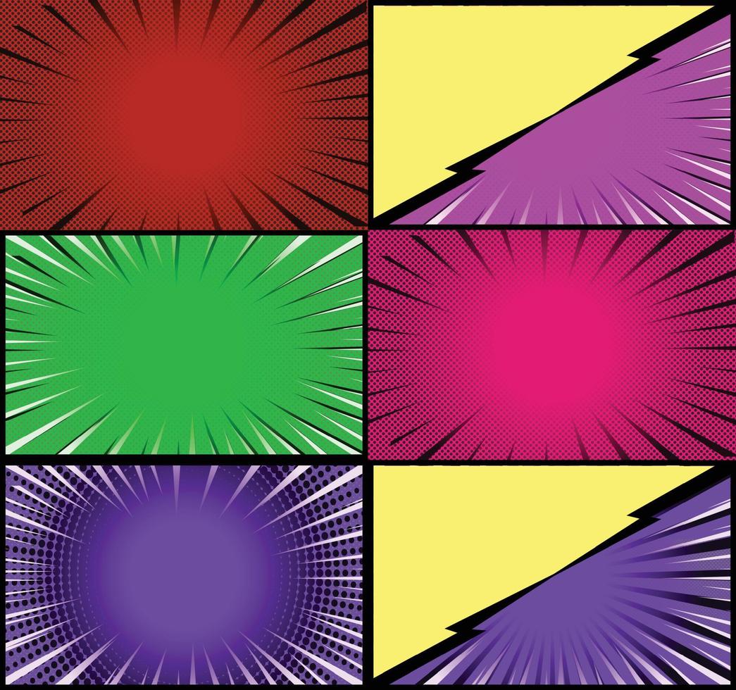 Comic book colorful frames background with halftone rays radial and dotted effects pop art style vector