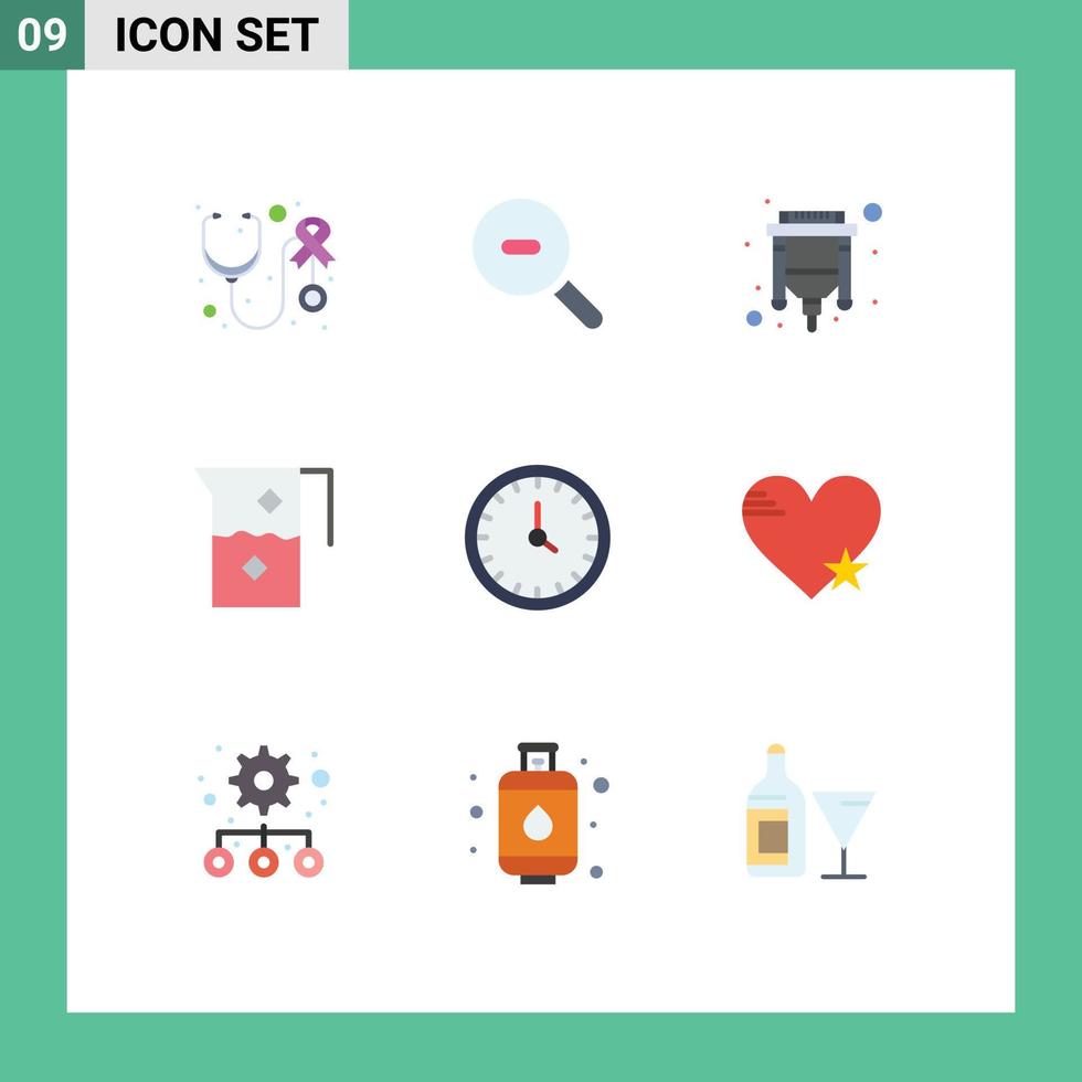 conjunto de 9 paquetes de colores planos comerciales para elementos de diseño vectorial editables de alimentos y bebidas con conector de jarra de reloj vector