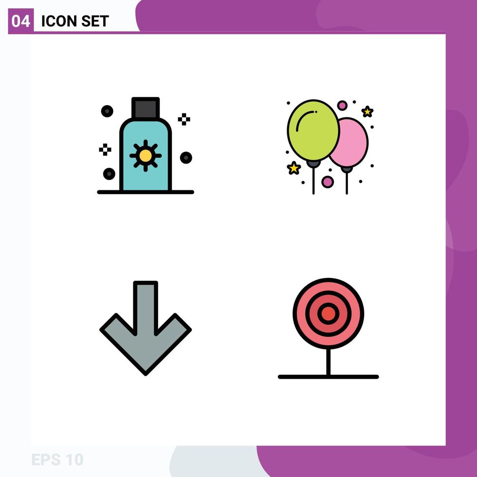 Group of 4 Modern Filledline Flat Colors Set for lotion down sun balloons candy Editable Vector Design Elements