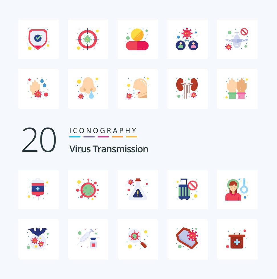 20 Virus Transmission Flat Color icon Pack like headache stop flask no travel ban vector