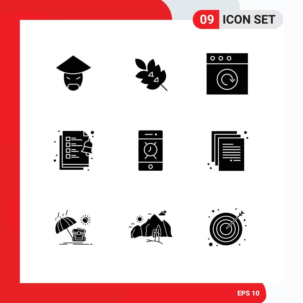 Editable Vector Line Pack of 9 Simple Solid Glyphs of bell alarm spring tasks checklist Editable Vector Design Elements