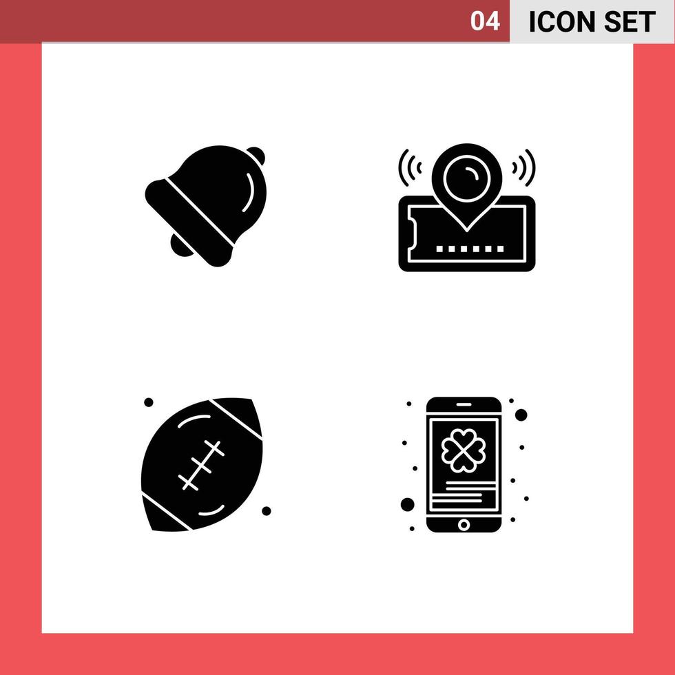 Universal Icon Symbols Group of 4 Modern Solid Glyphs of alarm ball map ticket game Editable Vector Design Elements
