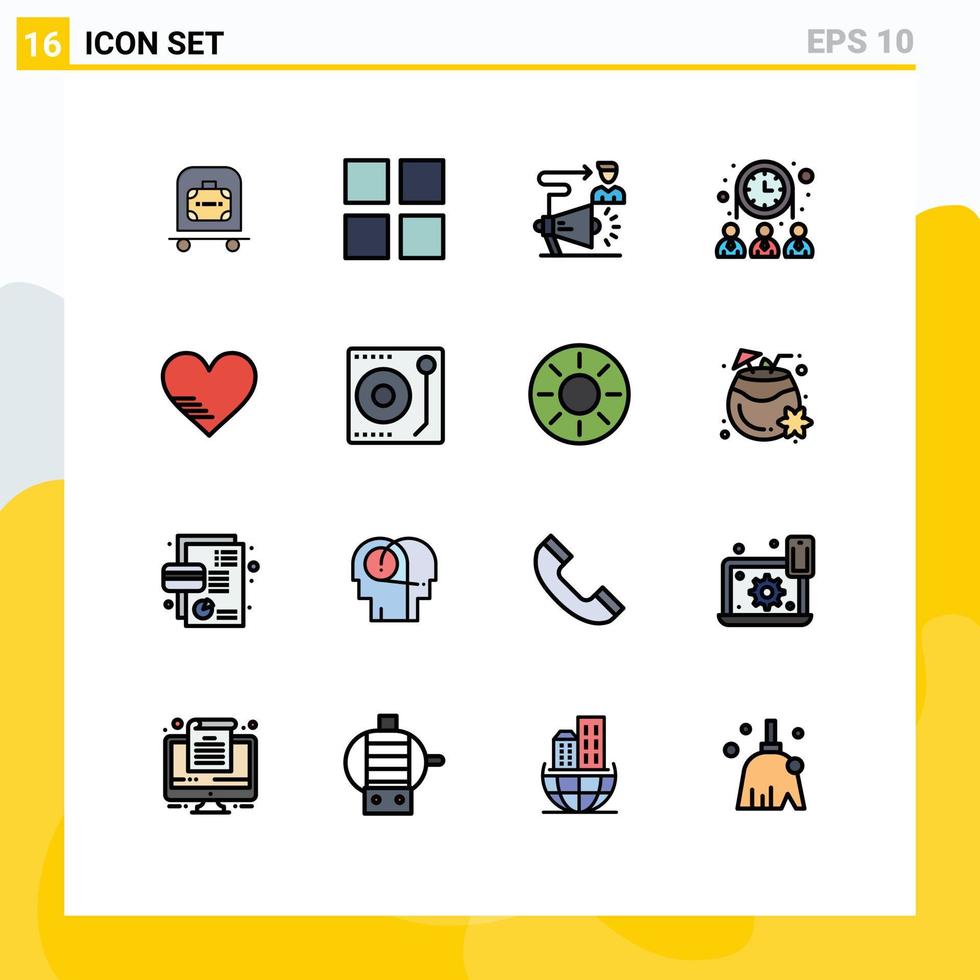 16 Universal Flat Color Filled Line Signs Symbols of love network target team group Editable Creative Vector Design Elements