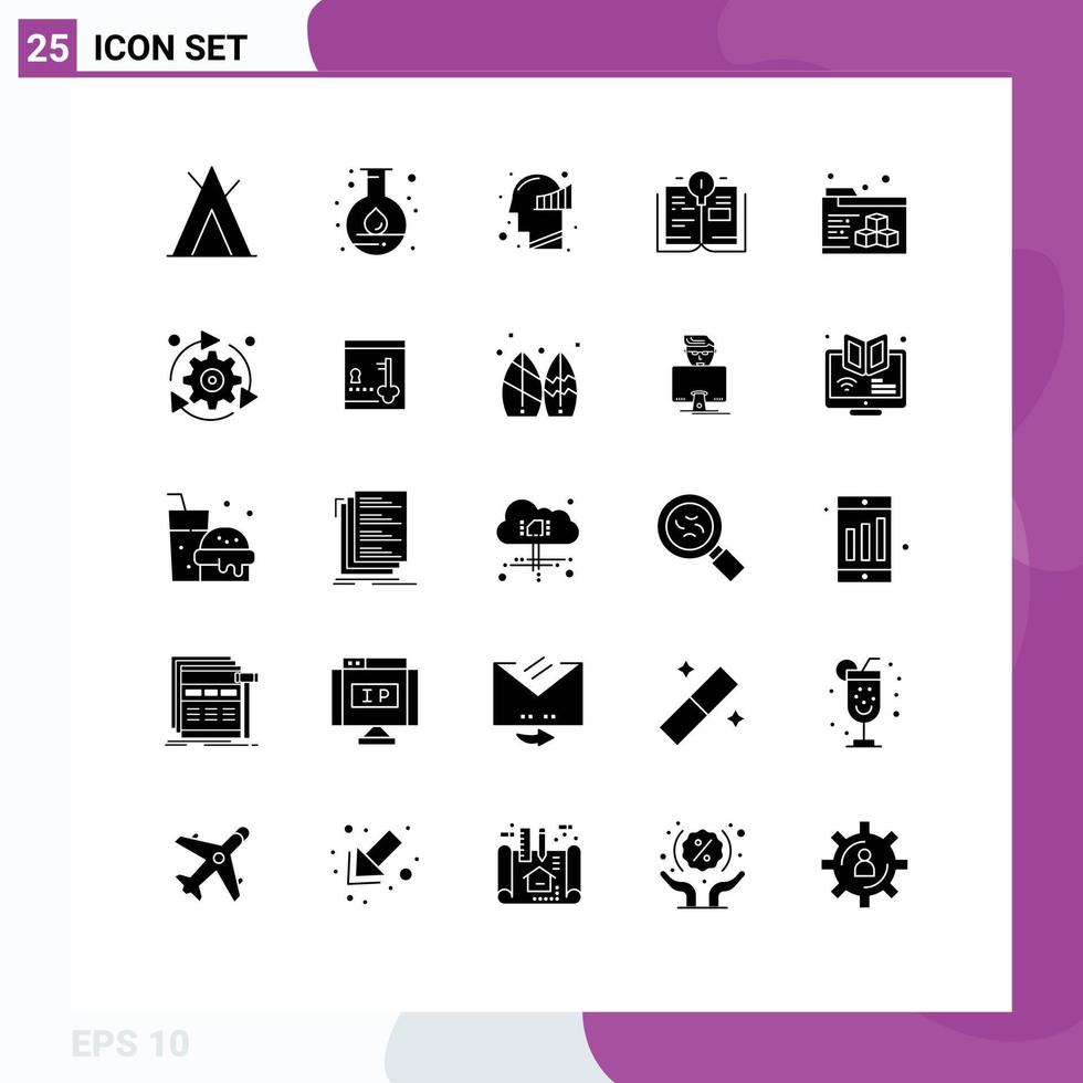 Pack of 25 creative Solid Glyphs of arrow folder human printing education Editable Vector Design Elements