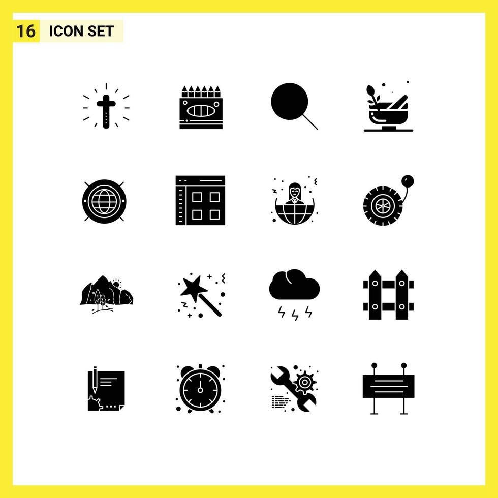 Modern Set of 16 Solid Glyphs Pictograph of world internet instagram spa mortar Editable Vector Design Elements