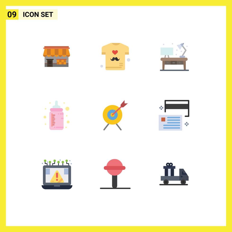 9 User Interface Flat Color Pack of modern Signs and Symbols of target nipple shirt feeder desk Editable Vector Design Elements