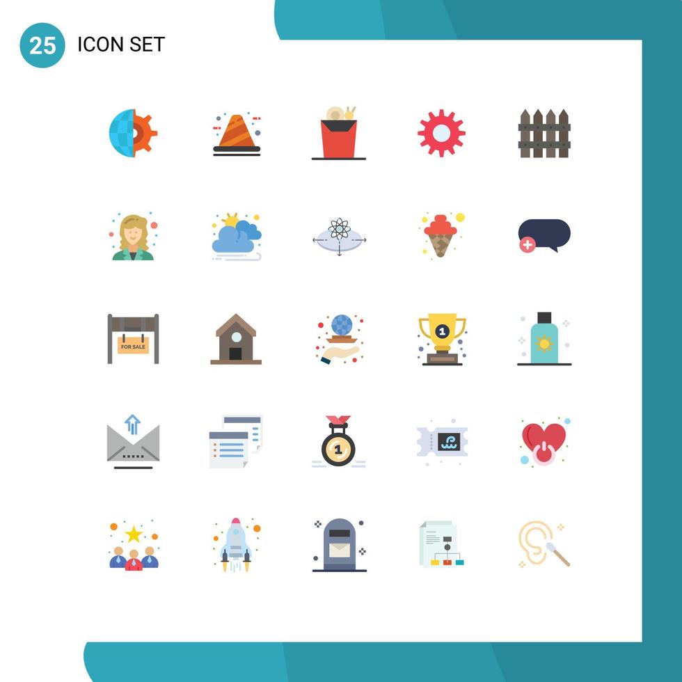 Editable Vector Line Pack of 25 Simple Flat Colors of fence farm development setting cog Editable Vector Design Elements