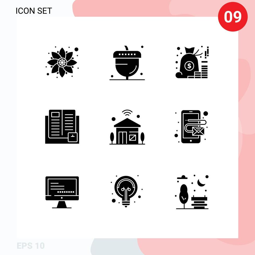 Pack of 9 Modern Solid Glyphs Signs and Symbols for Web Print Media such as learning education season book money Editable Vector Design Elements