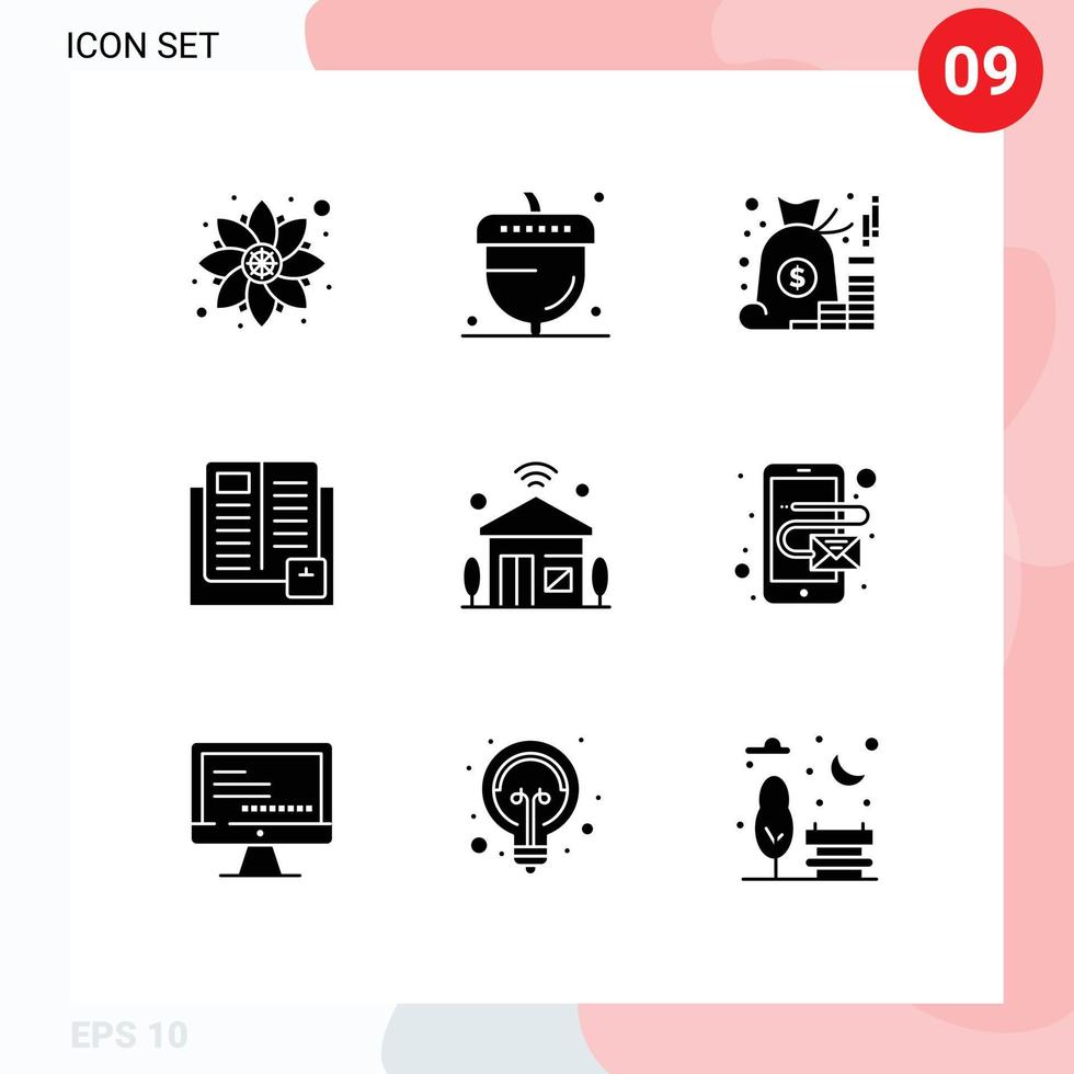 paquete de 9 signos y símbolos de glifos sólidos modernos para medios de impresión web, como el aprendizaje de elementos de diseño de vectores editables de dinero de libros de temporada de educación