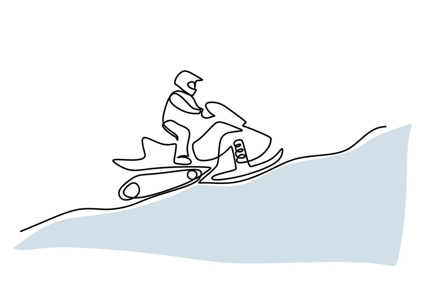 Hand drawing one line of man play snowmobile on white background. vector