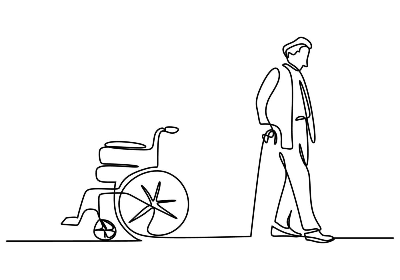 Hand drawing one line of man and wheel chair on white background. vector