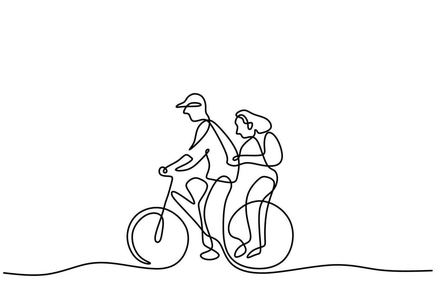 dibujando a mano una línea de pareja montando en bicicleta sobre fondo blanco. vector