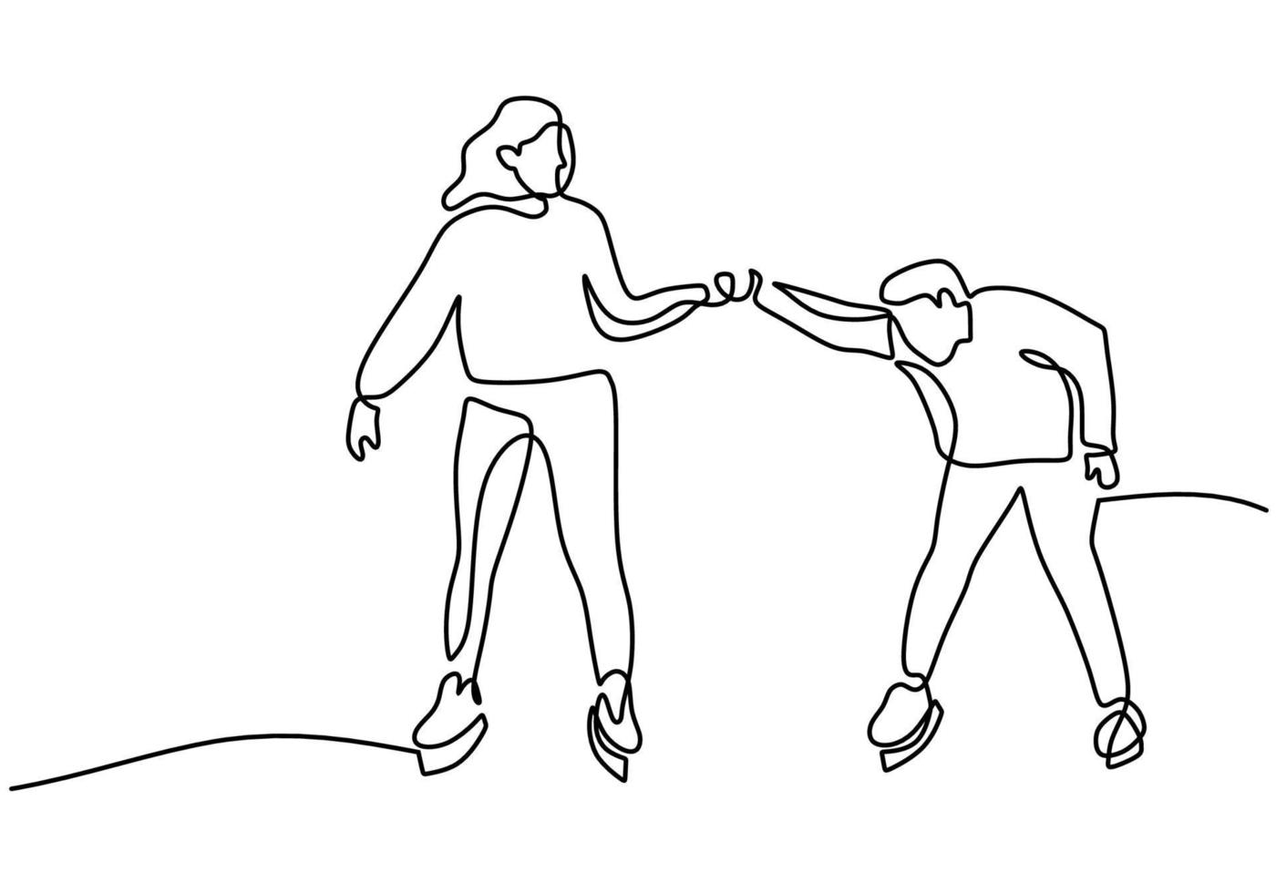 Hand drawing one line of couple ice skating on white background. vector