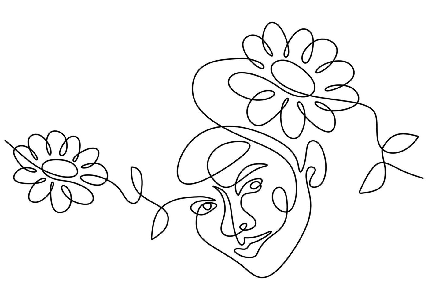 Hand drawing one line woman surreal face and flower vector