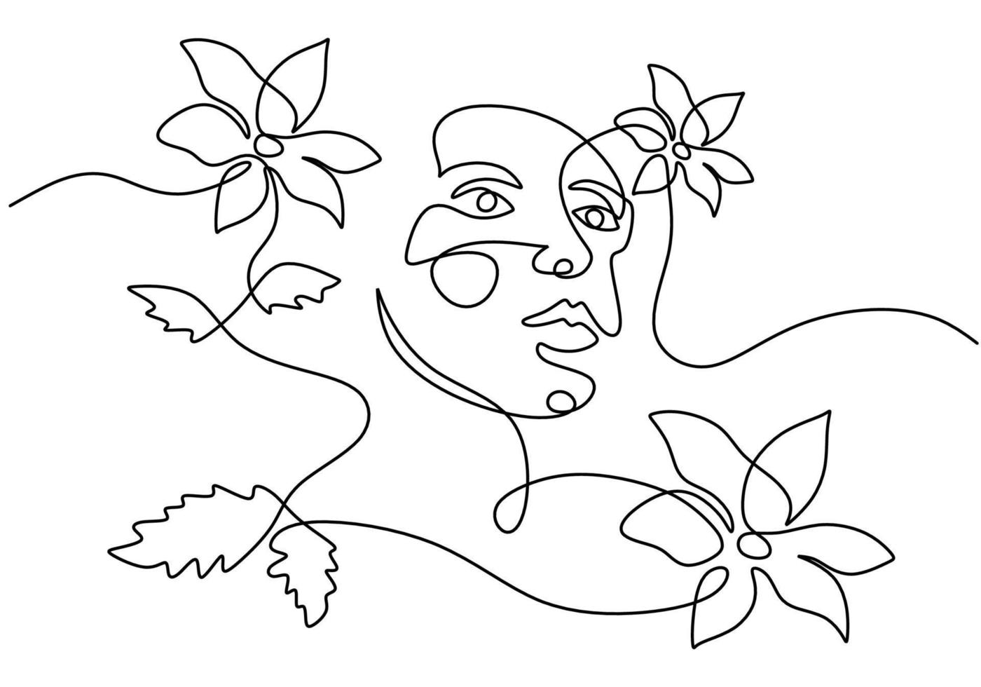 Hand drawing one line woman surreal face and flower vector