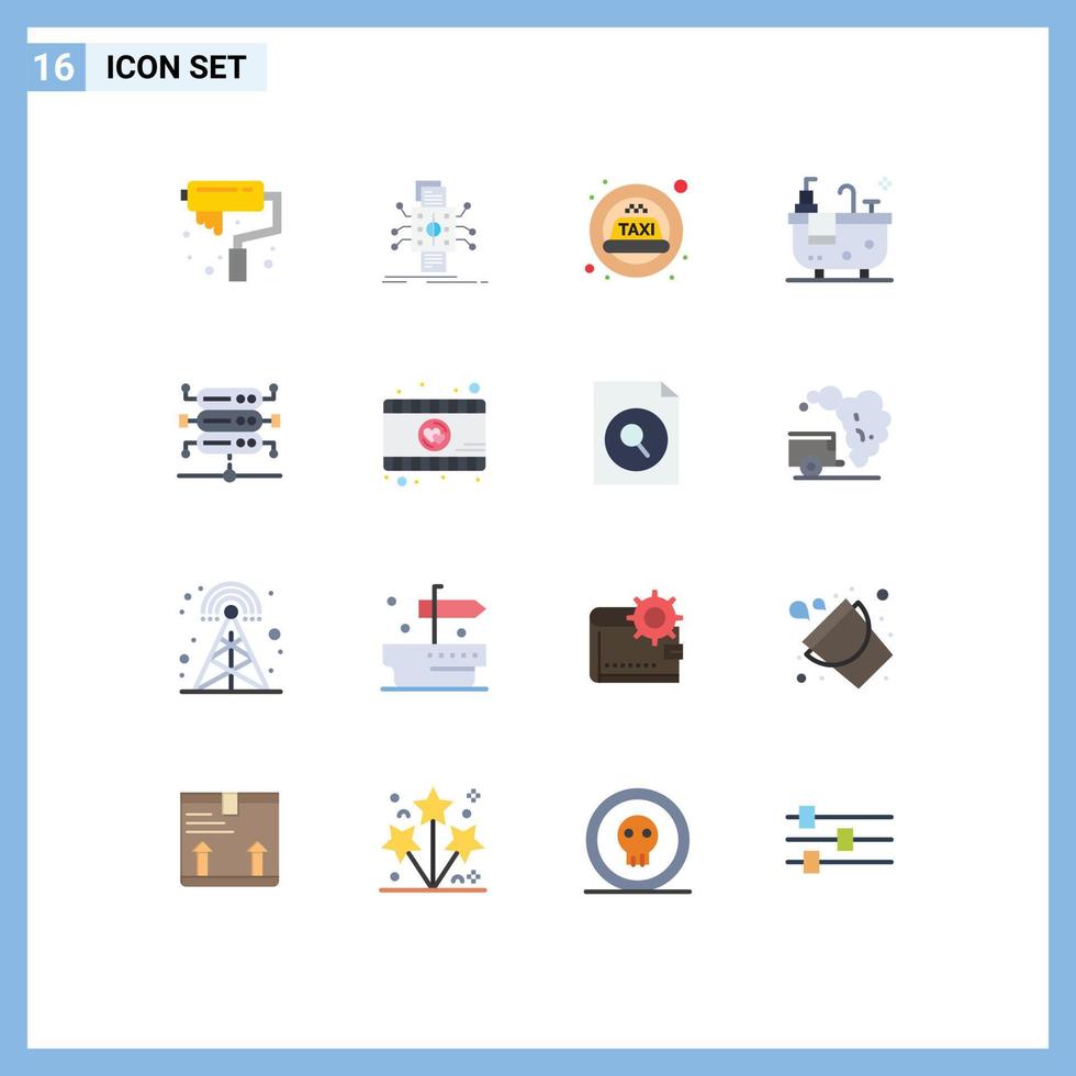 Pack of 16 creative Flat Colors of server database reporting hub bathroom Editable Pack of Creative Vector Design Elements