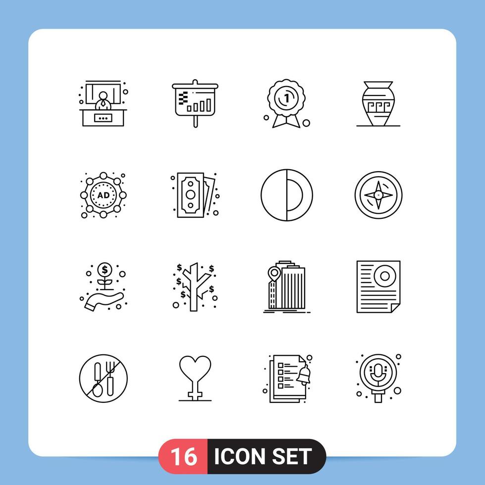 16 Universal Outlines Set for Web and Mobile Applications strategy ad badge greece emoji Editable Vector Design Elements