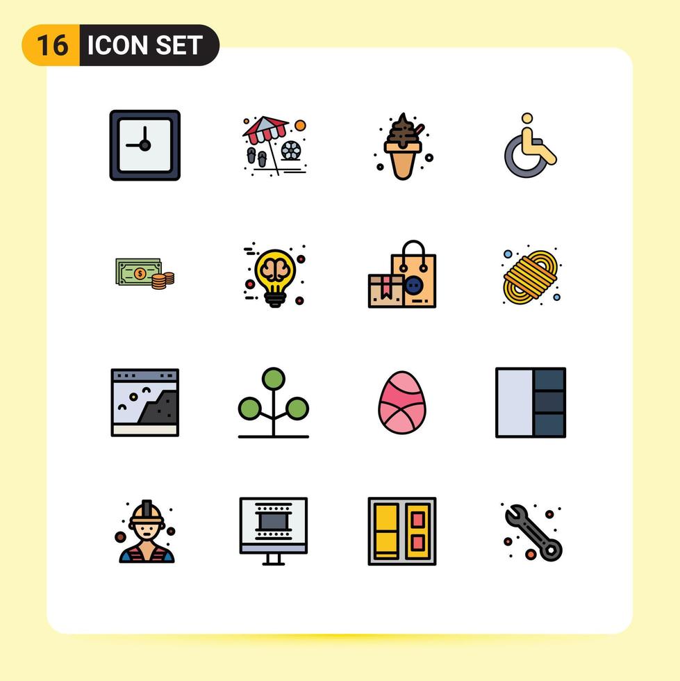 grupo de 16 líneas llenas de color plano, signos y símbolos para finanzas dólar alimentos caminar bicicleta elementos de diseño de vectores creativos editables