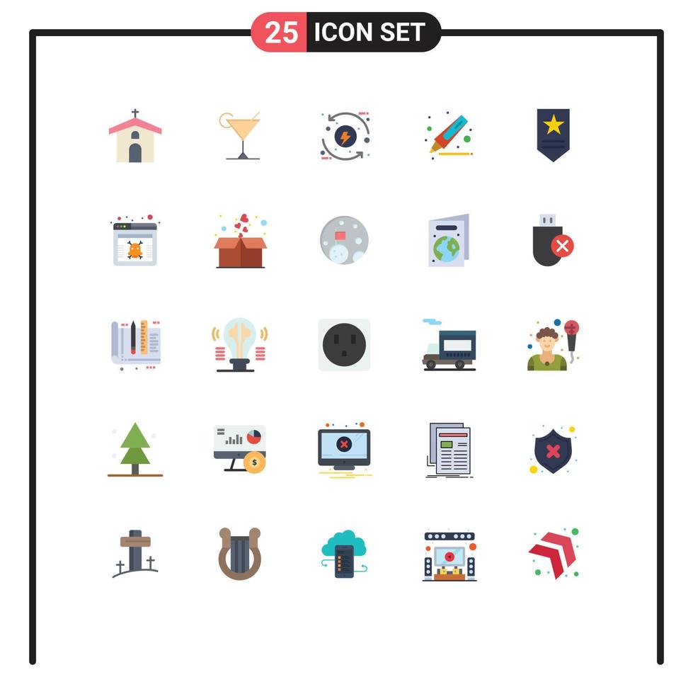paquete de 25 signos y símbolos de colores planos modernos para medios de impresión web, como elementos de diseño de vectores editables de energía de resaltado de proceso de marcador militar