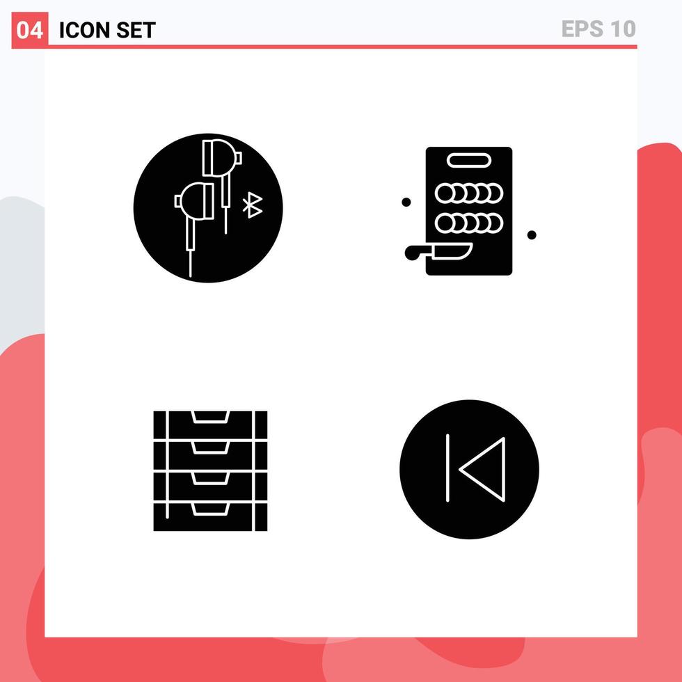 4 Thematic Vector Solid Glyphs and Editable Symbols of headphone drawer bluetooth cutting storage Editable Vector Design Elements