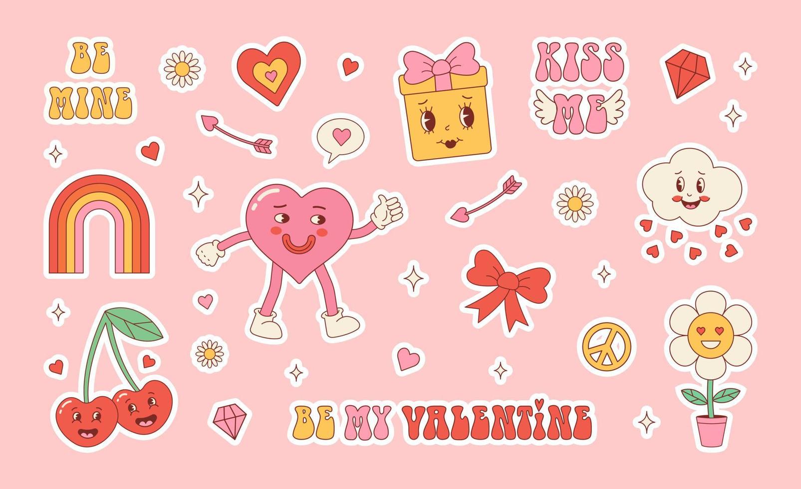 Groovy hippie love stickers. Retro happy Valentines day. Comic happy character in trendy retro 60s 70s cartoon style. Vector set retro elements.