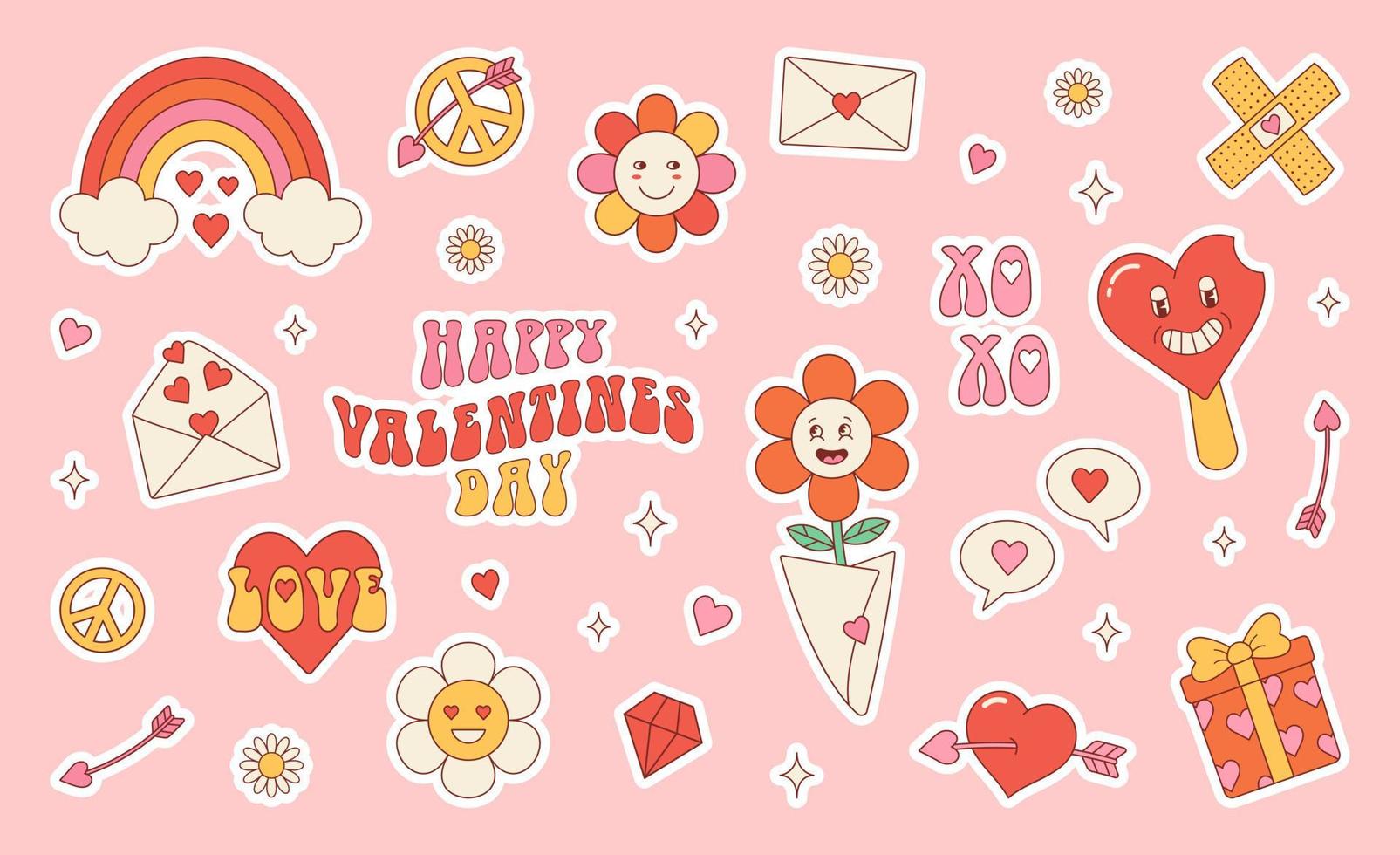 Groovy hippie love stickers. Retro happy Valentines day. Comic happy character in trendy retro 60s 70s cartoon style. Vector set retro elements.
