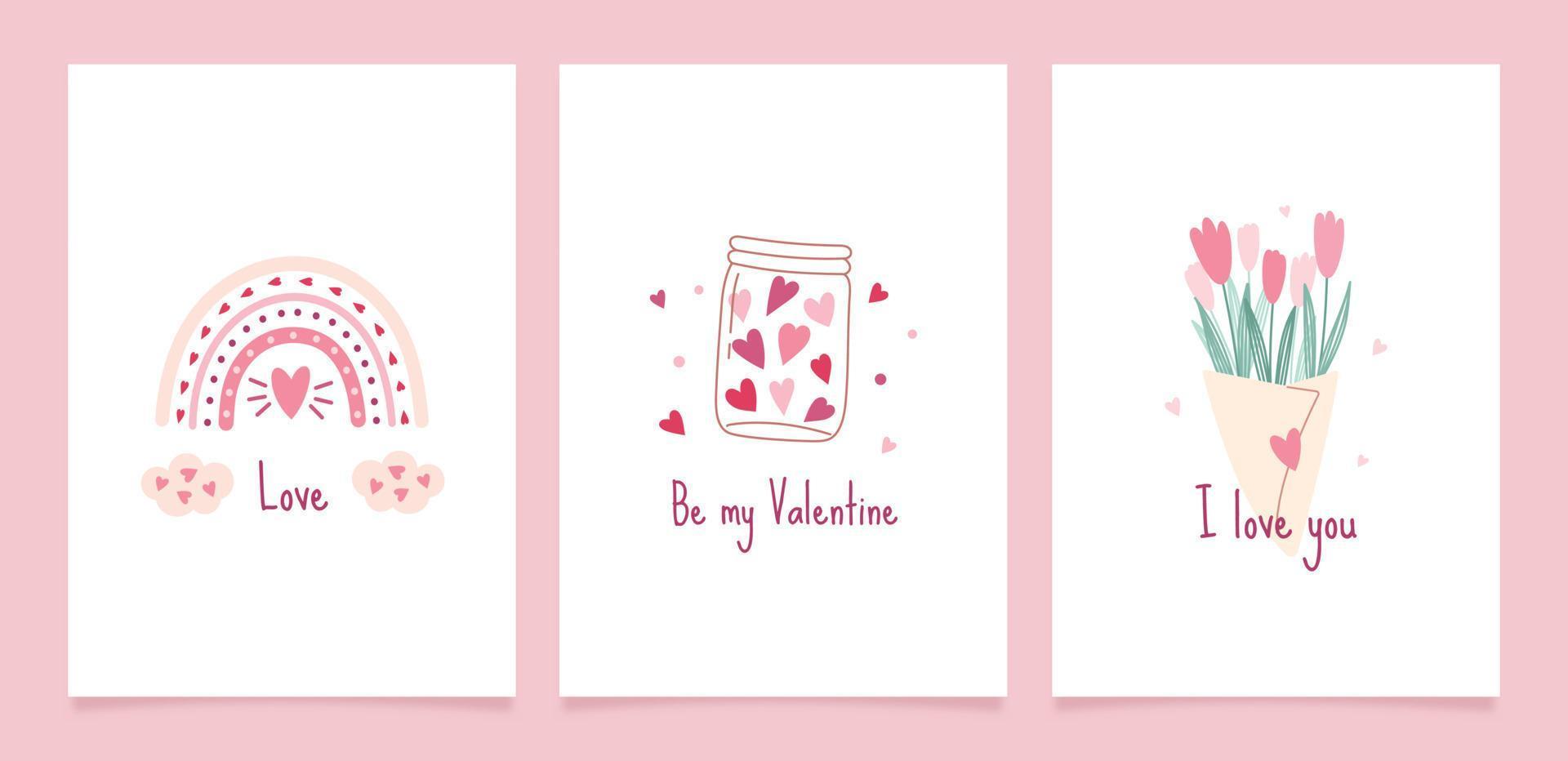 conjunto de tarjetas de felicitación para el día de san valentín. lindas ilustraciones vectoriales con elementos decorativos festivos, corazón, ramo, arco iris boho, dulces e inscripciones. vector