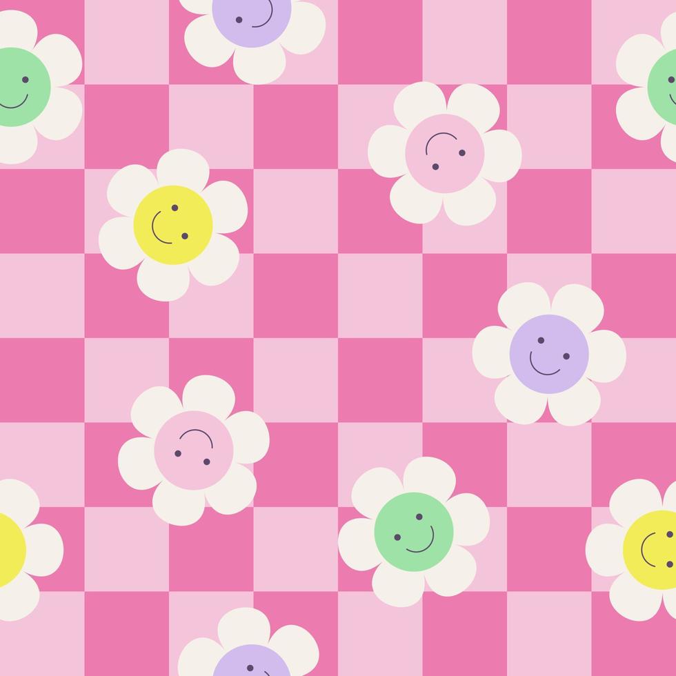 Y2k seamless pattern with daisy, chess, smile. Vector background in trendy retro trippy 2000s style. Lilac, pink, yellow and green color. Funny cute texture for surface design.