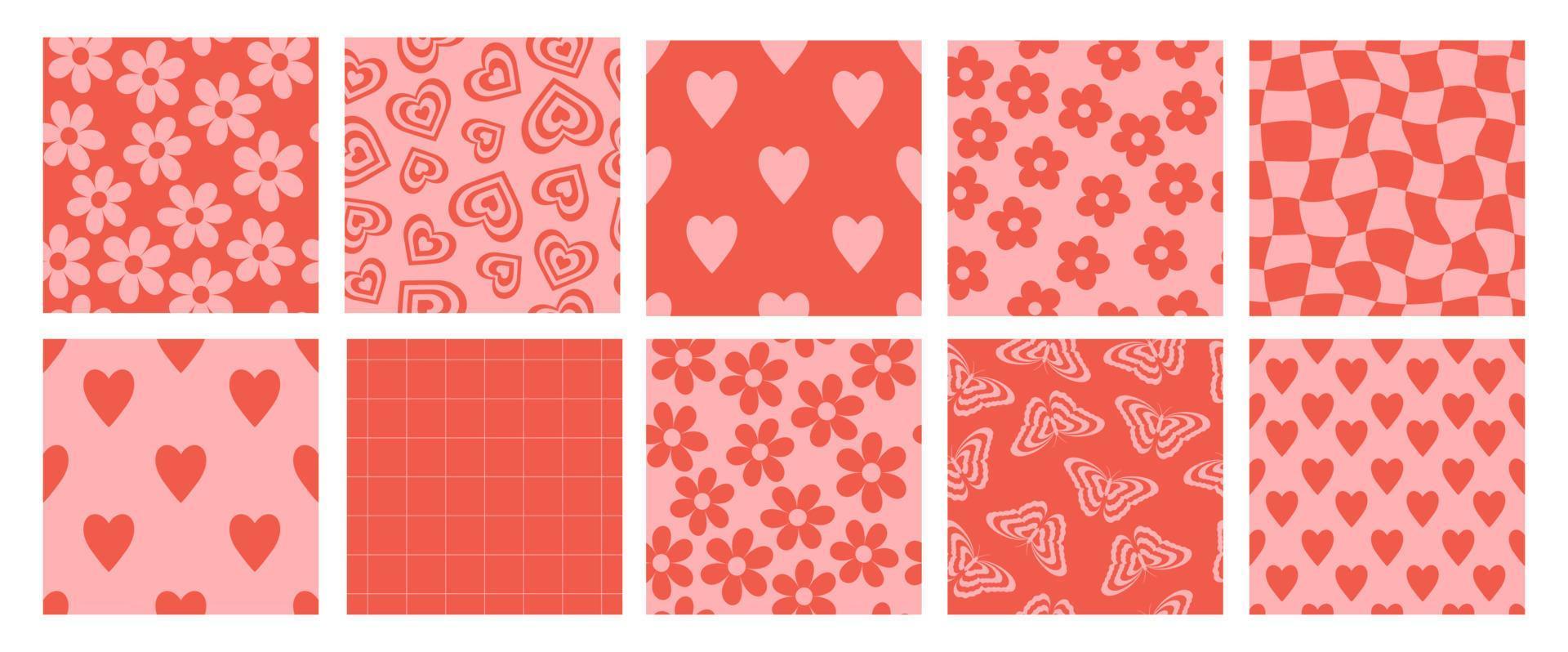 Set of groovy lovely seamless patterns. Love concept. Happy Valentines day. Fun background and texture in trendy retro 60s 70s cartoon style. vector