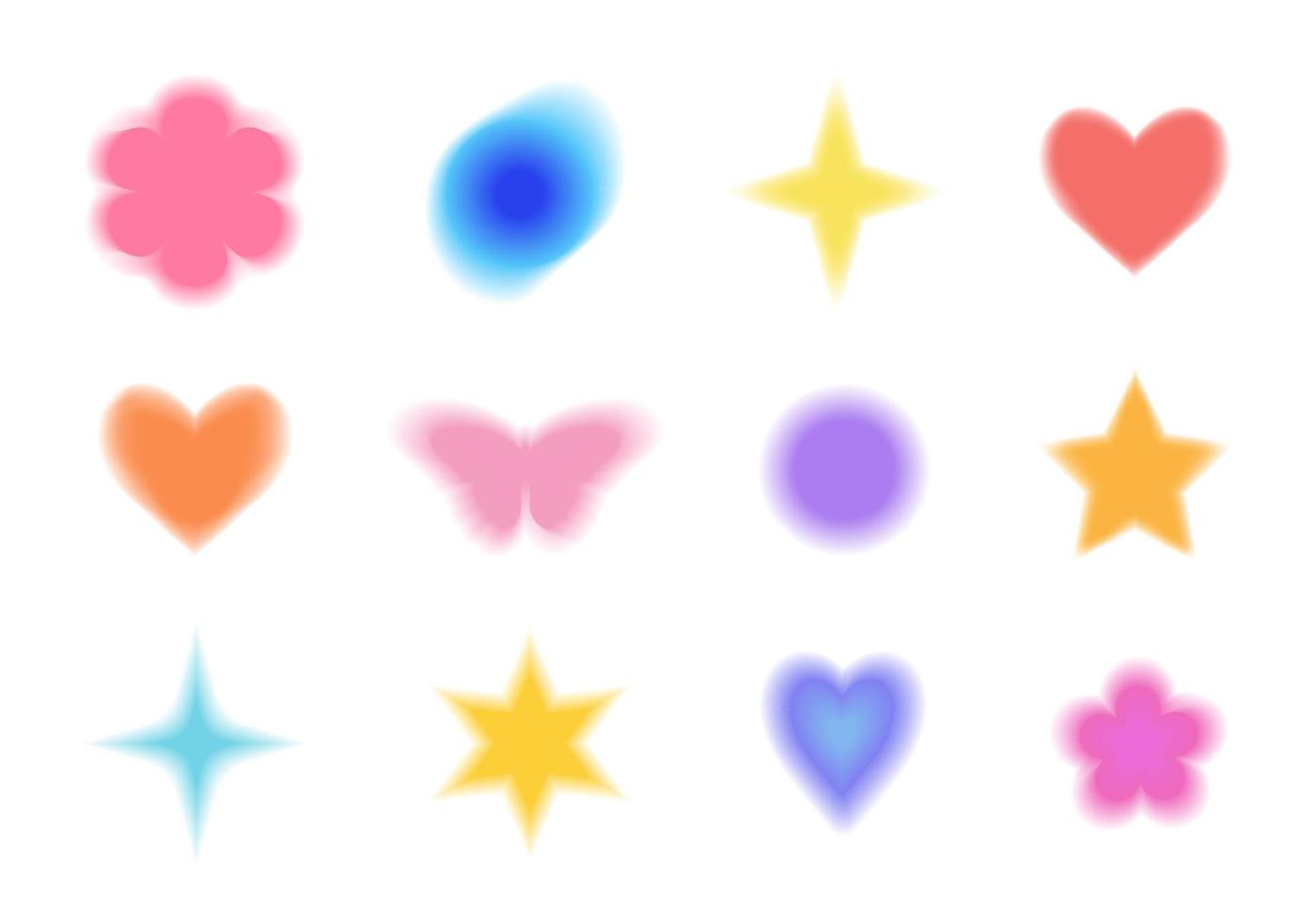 conjunto de formas de degradado borrosas de estilo y2k. flor borrosa, corazón, mariposa, estrella, aura elementos estéticos. elemento de diseño minimalista moderno con gradientes de desenfoque. vector