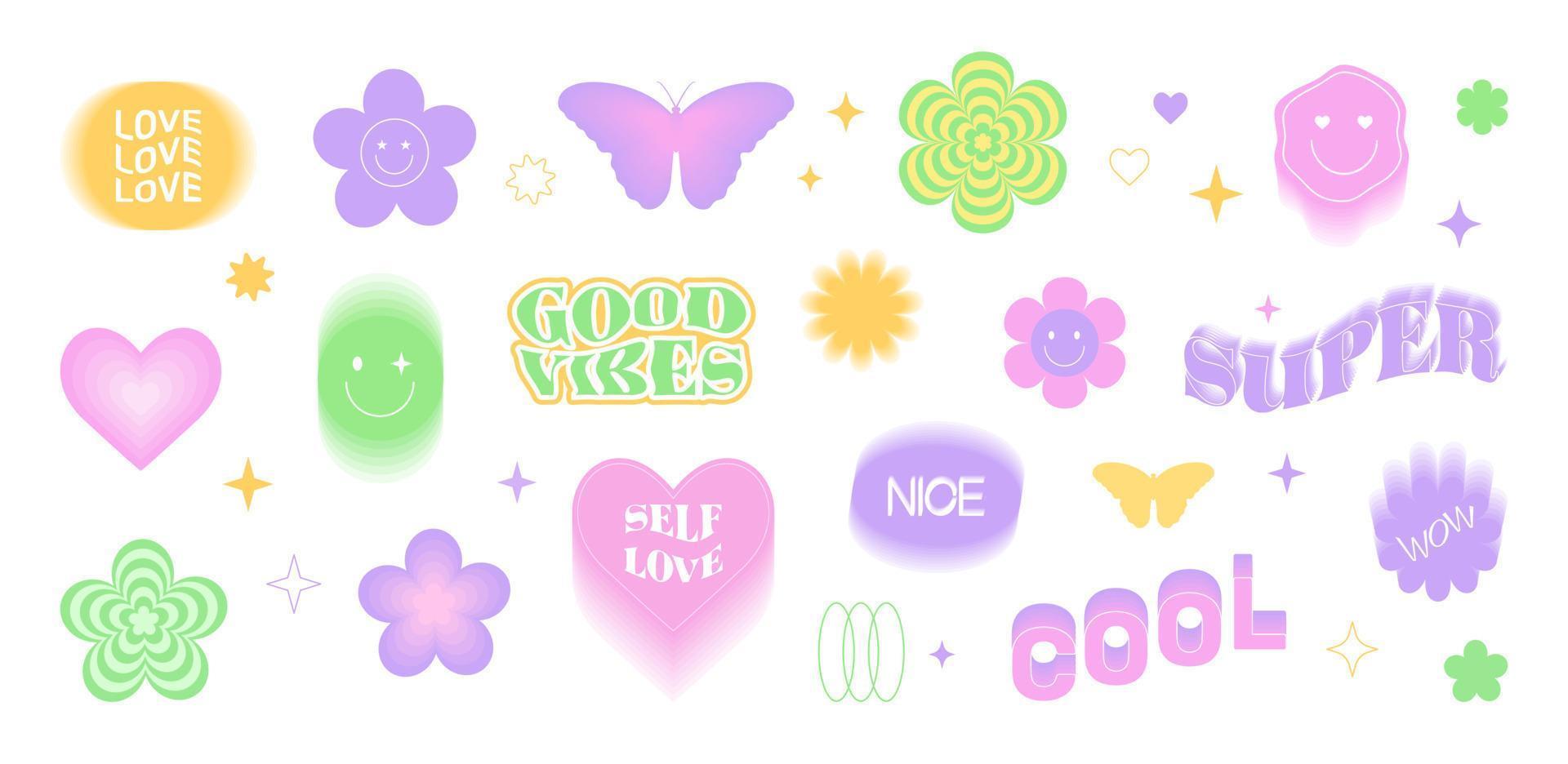 Y2k sticker set. Butterfly, heart, daisy, flower in the trendy psychedelic style of the 90s, 2000s. Pink, yellow, green colors. Cute vector illustrations, elements and signs.