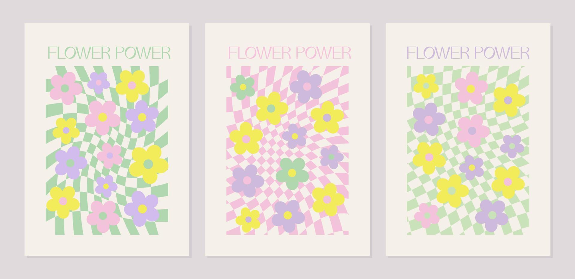 Abstract Y2K backgrounds set with groovy daisy flowers. Vector posters in trendy retro psychedelic 2000s style. Lilac, pink, yellow and green color.