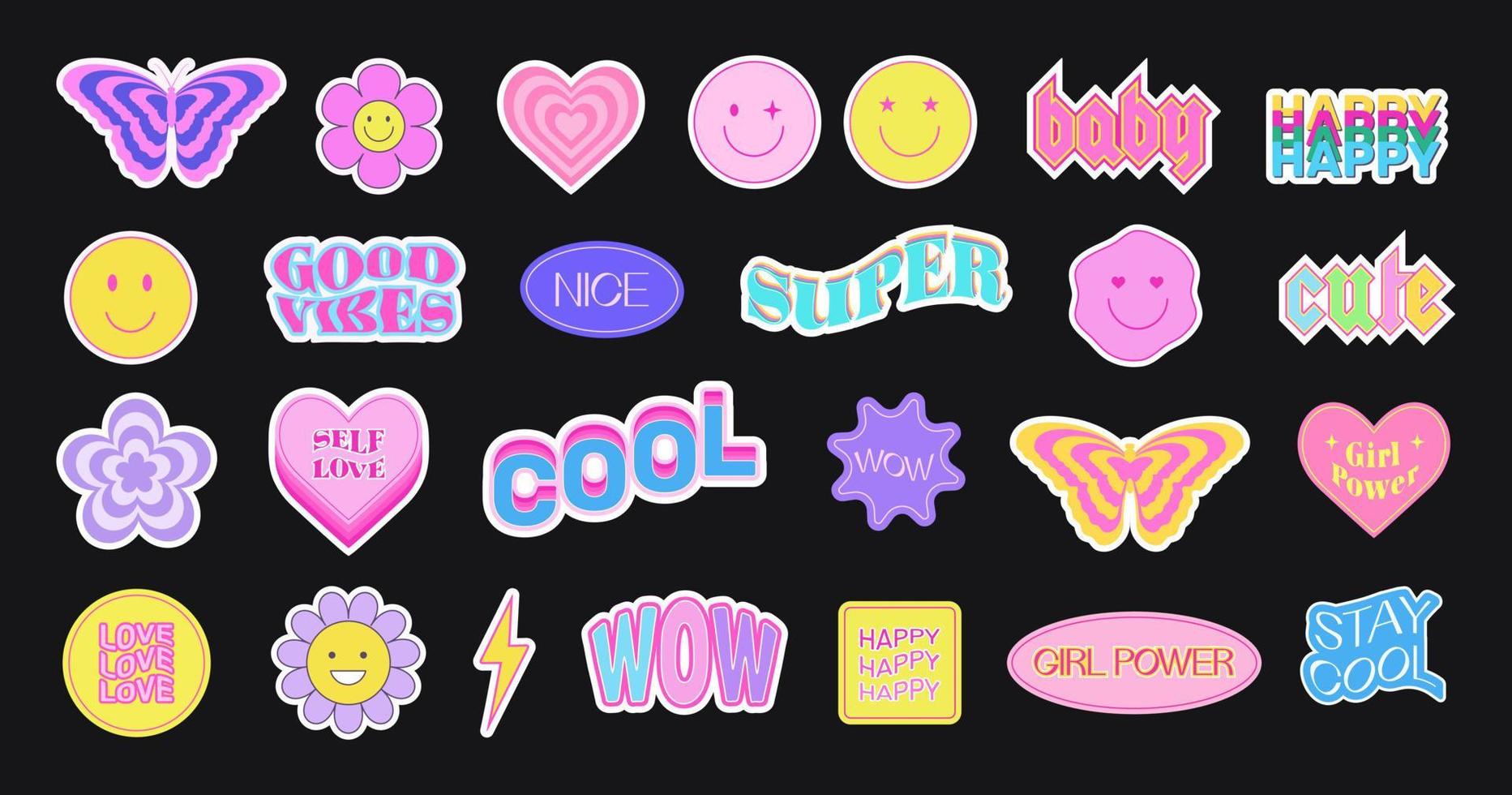 Y2k sticker set. Butterfly, heart, daisy, flower in the trendy psychedelic style of the 90s, 2000s. Collection of cool trendy patches. vector