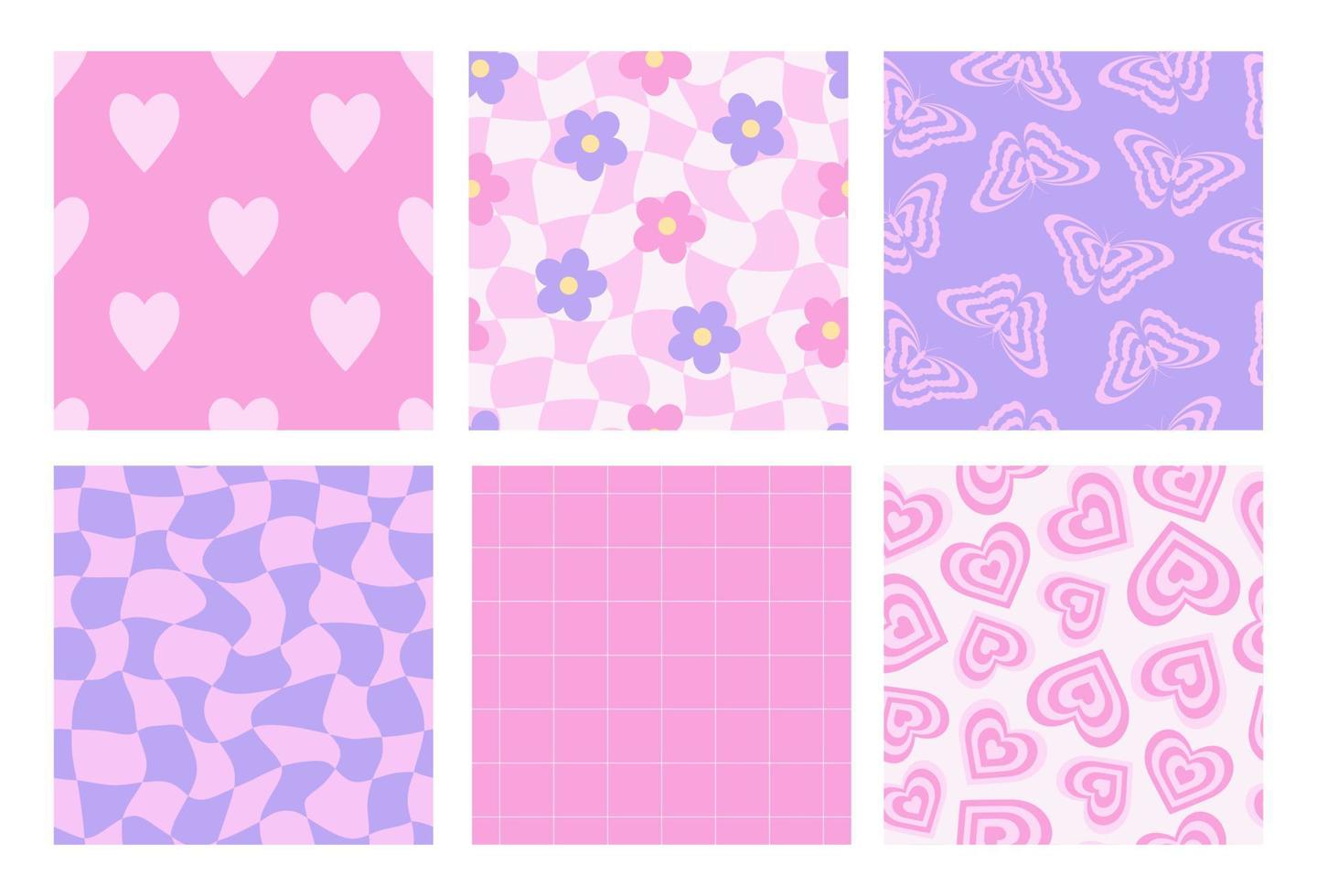 Y2k seamless patterns with butterfly, daisy, chess, mesh, heart. Set of vector backgrounds in trendy retro trippy 2000s style. Lilac, pink color. Funny girly cute texture.
