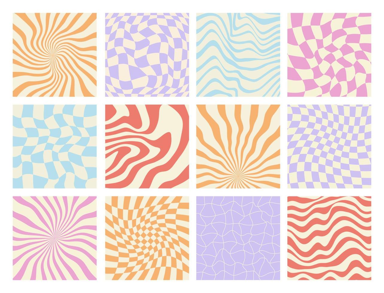 Groovy Y2K backgrounds collection. Checkerboard, chessboard, mesh, waves patterns. Twisted and distorted vector texture in trendy retro psychedelic style.