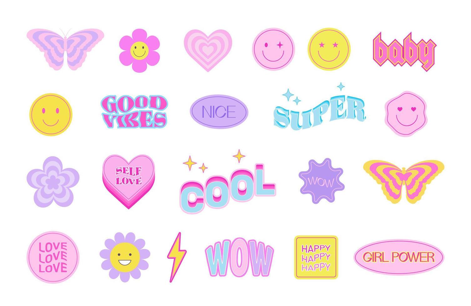 Set of cool cute stickers Y2k style. Butterfly, smile, heart, daisy, flower, abstract geometric shape in trendy 90s, 00s psychedelic style. Trendy girl patches collection. vector