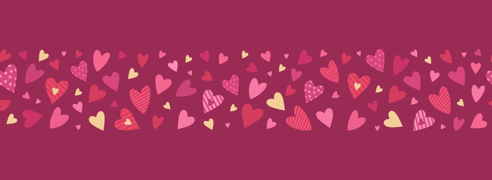 Cute red, pink and gold hearts seamless pattern. Lovely romantic border for Valentine's Day, Mother's Day, wedding. Suitable for wrapping paper, postcards, invitations. vector