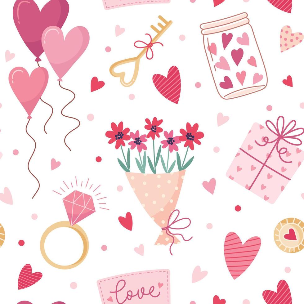 Vector seamless pattern with hearts, bouquets, balloons, gifts and wedding ring. Lovely romantic background for Valentine's Day, Mother's Day, wedding. Suitable for wrapping paper, postcards.